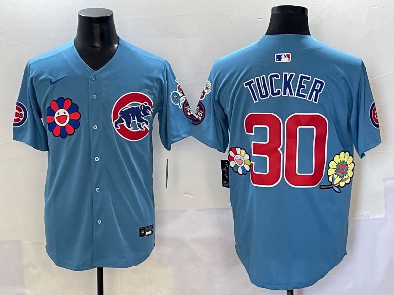 Men 2025 Chicago Cubs 30 Tucker Light Blue Flower Edition Nike MLB Jersey style 52